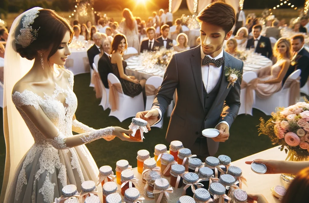 Un novio y la novia, repartiendo bores de mermelada personalizada de Deliciosso en su boda.